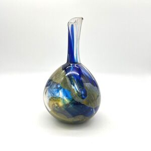 1970s Signed Hand Blown Glass Vase Cobalt Blue‎ Gold Swirl Art Decor